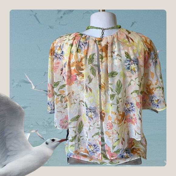 ZARA Floral Cape Blouse Top Womens Small Yellow Peach Short Sleeve Chiffon Sheer - Picture 9 of 13